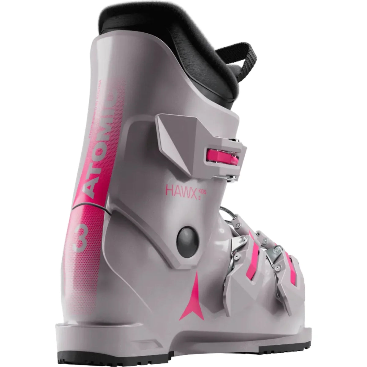 Gray and pink Atomic ski boot on a white background