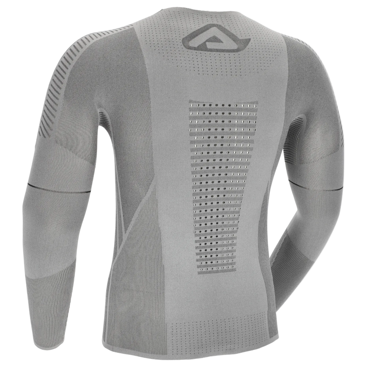 Gray long-sleeve compression shirt with a brand logo on a white background