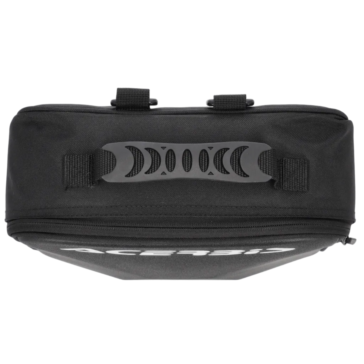 Black motorcycle saddlebag with visible brand logo on a white background