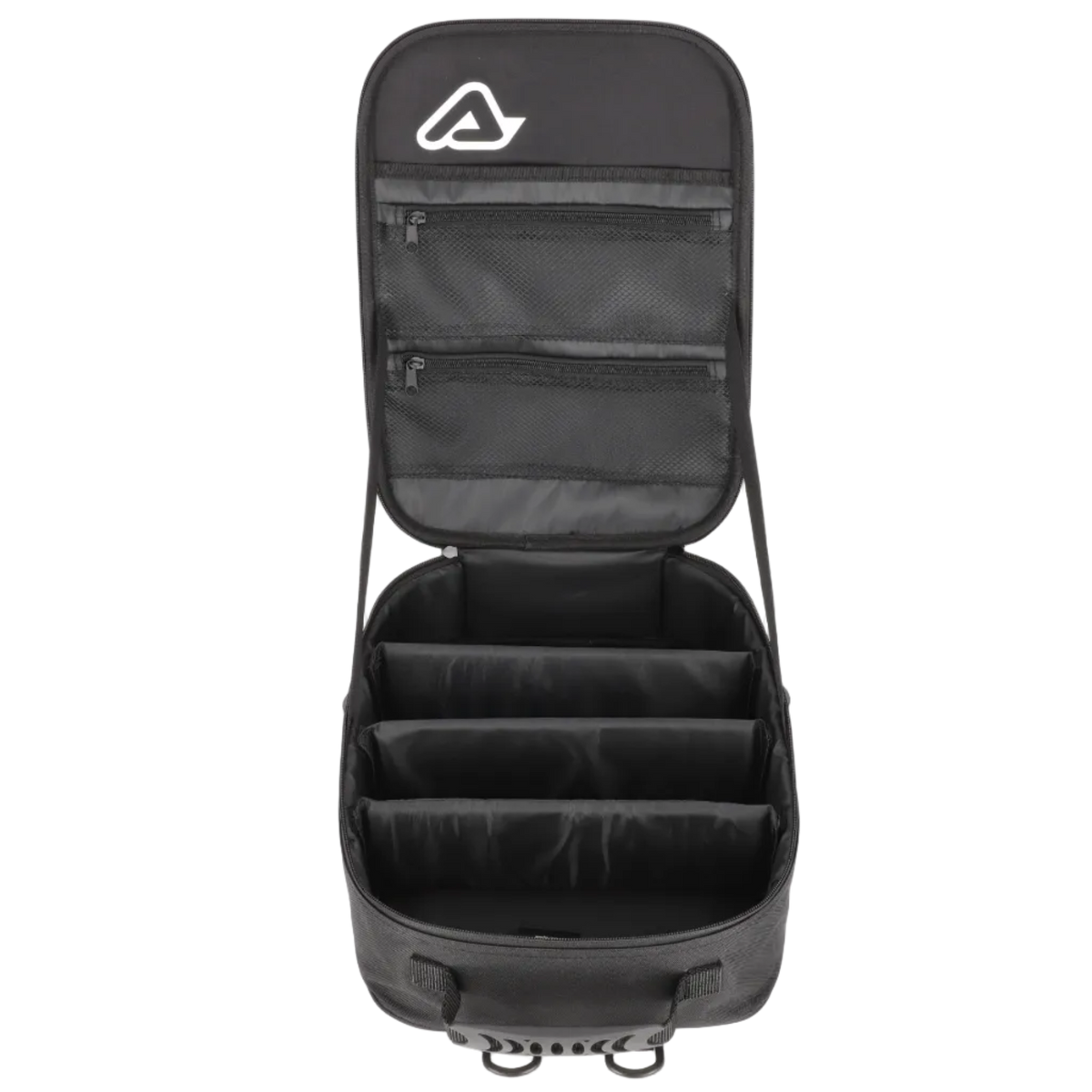 Black travel bag with open top compartment on a white background