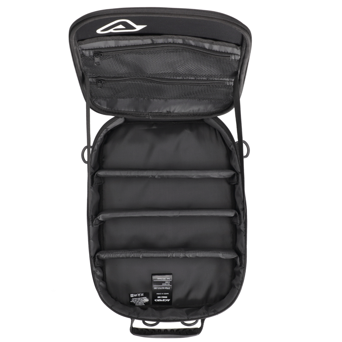 Black travel organizer with multiple compartments on a white background