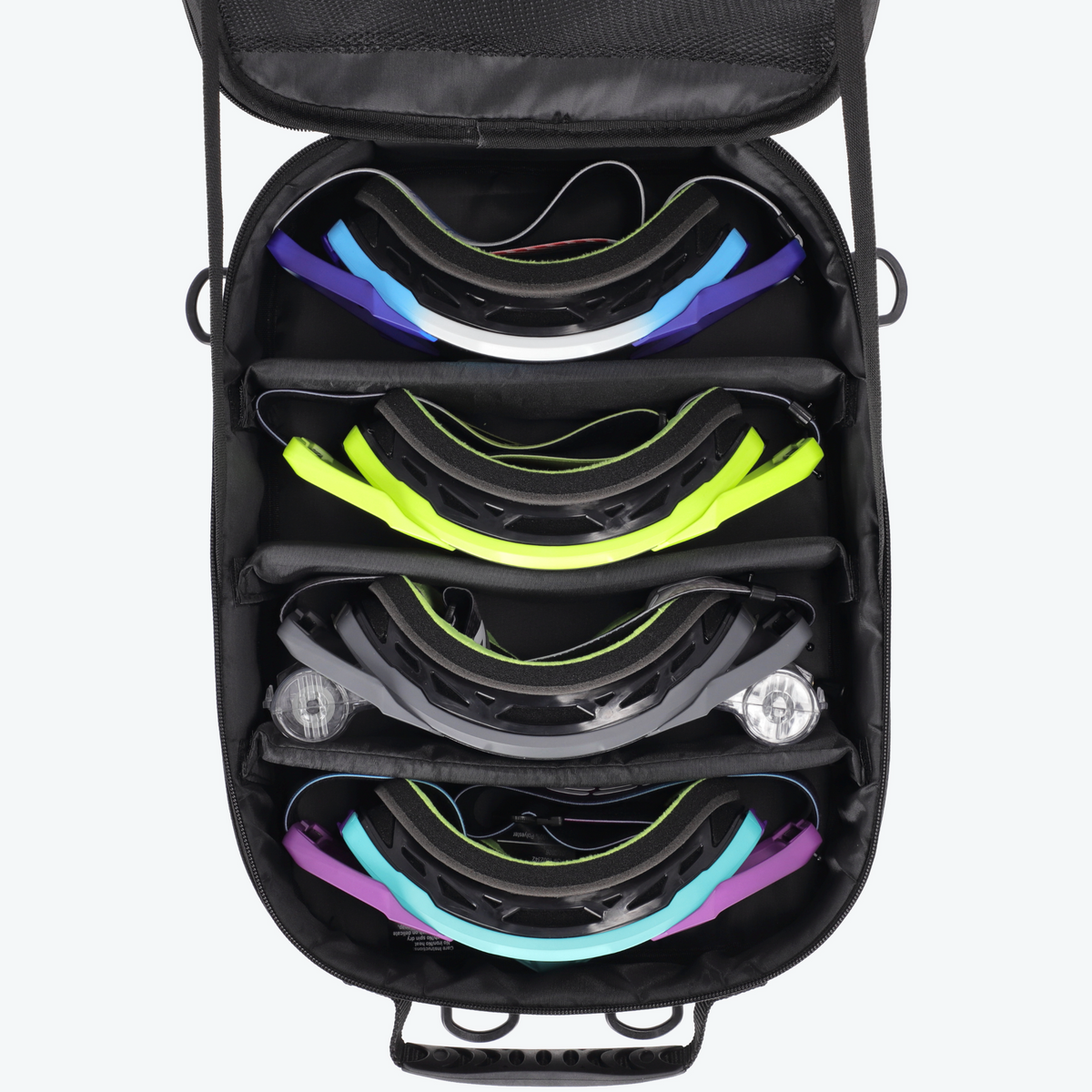 Black case with colorful ski goggles inside on a white background