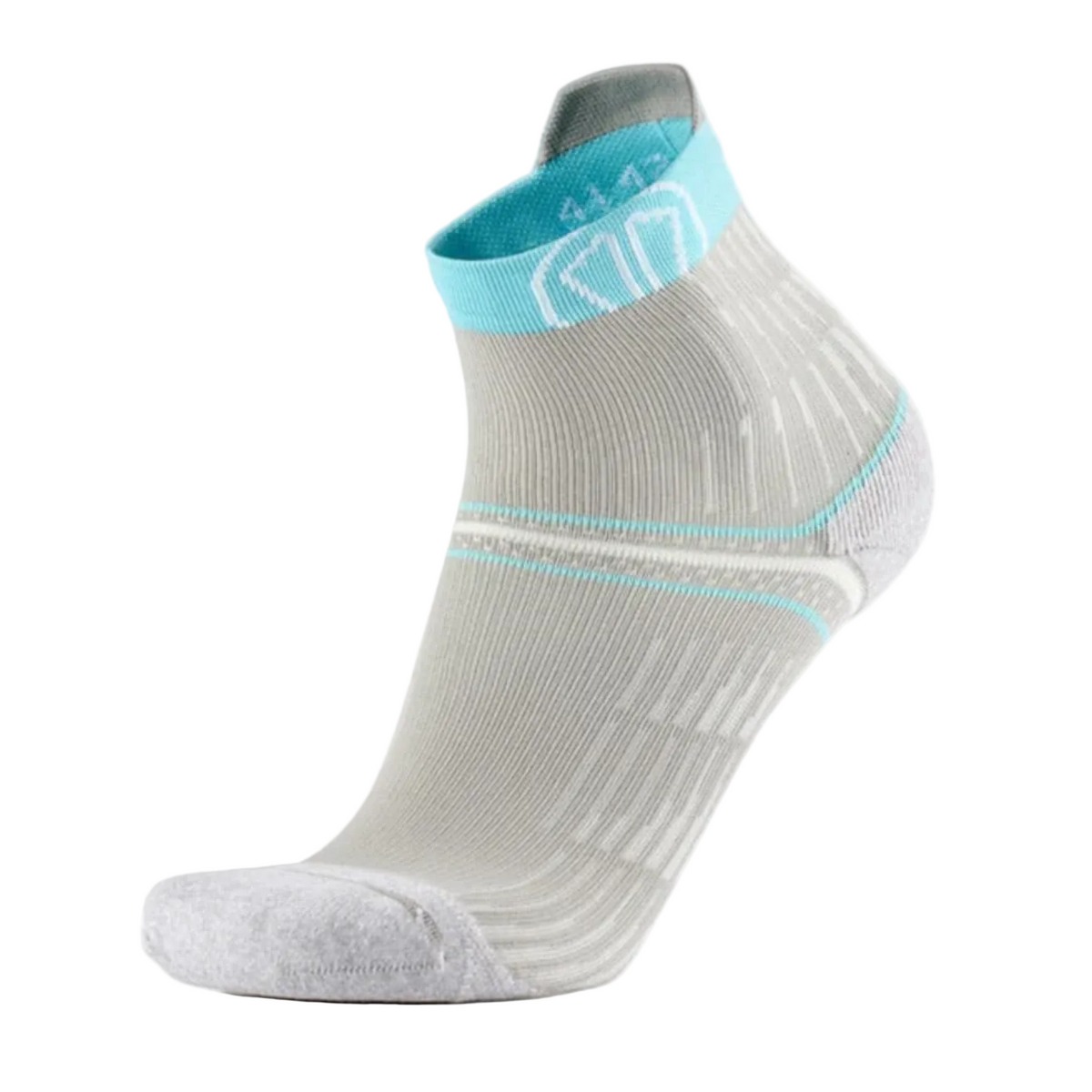 A light gray low-cut athletic sock with a light blue cuff and subtle striped details, shown on a white background.