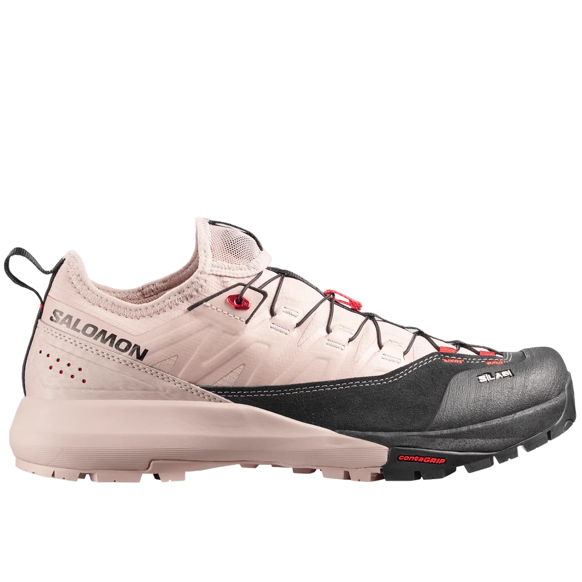 Salomon trail running shoe in light beige and black with red accents, shown from the side against a light gray background.