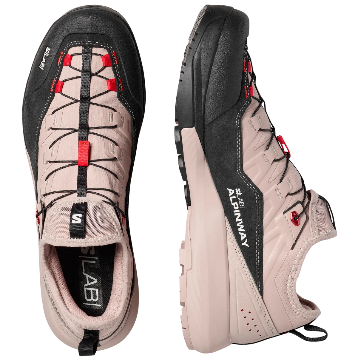 A pair of Salomon hiking shoes shown from the top and side views against a light gray background. The shoes feature a light beige upper with black overlays, black laces, and red accents.