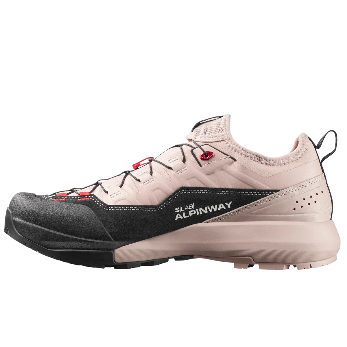 A single Alpinway hiking shoe in a light beige and black colorway with small red accents on the laces, shown in a side profile against a light gray background.