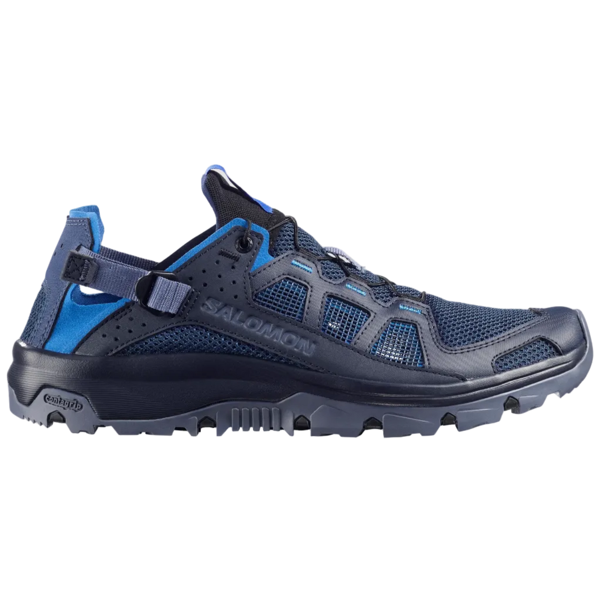 A Salomon trail running shoe in navy blue and bright blue, shown from the side against a light gray background.