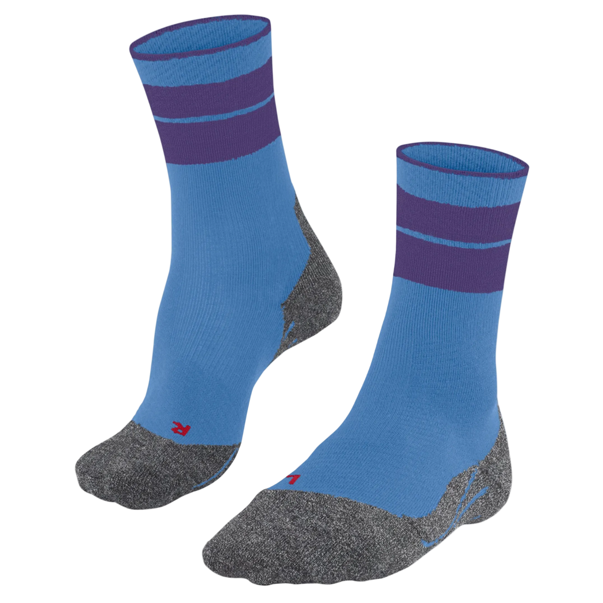 A pair of athletic crew socks in light blue with dark purple stripes near the cuff and heather gray heels, toes, and soles, shown on a plain white background.