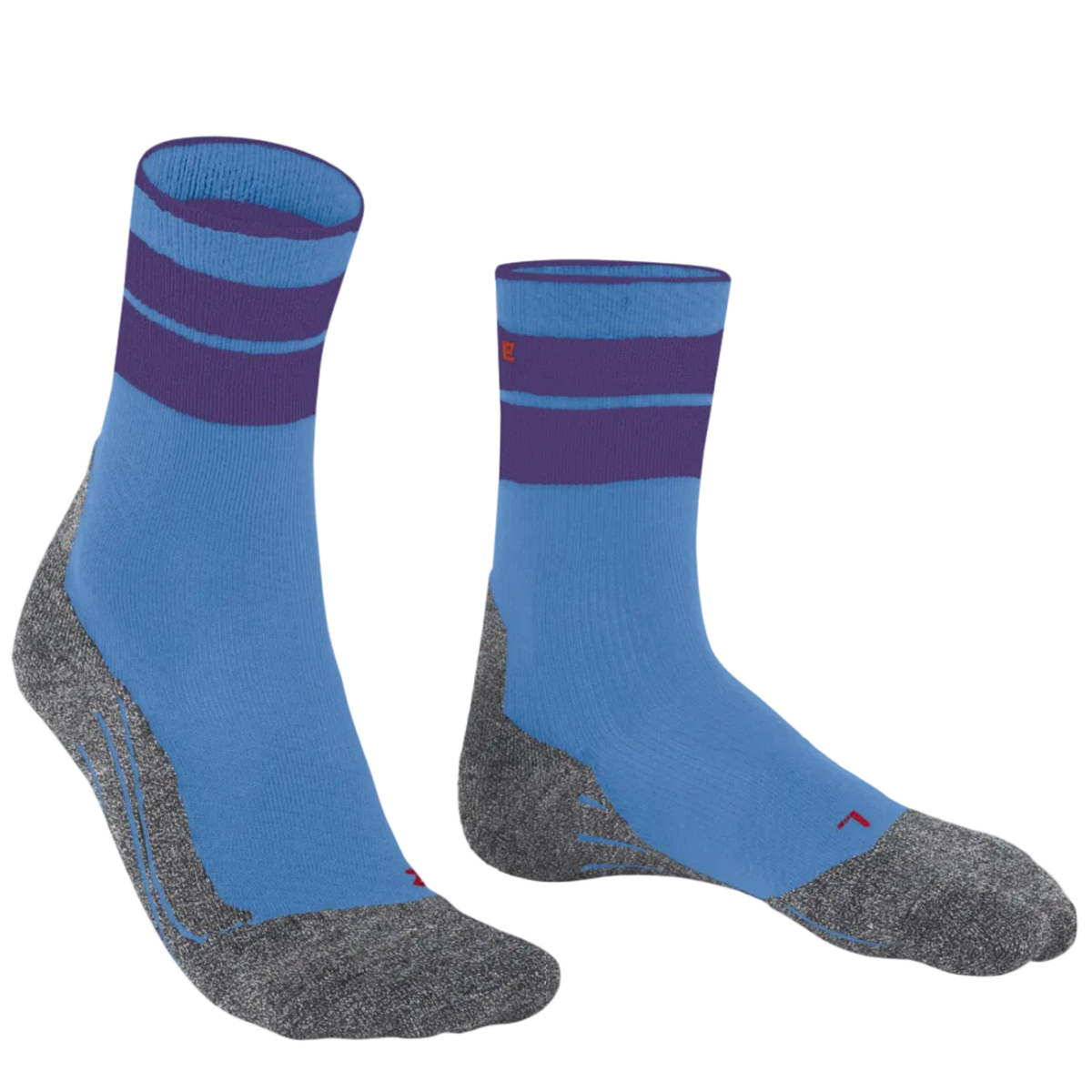 A pair of crew-length athletic socks in light blue with dark purple stripes near the cuff and heather gray heels, toes, and soles, shown on a plain white background.