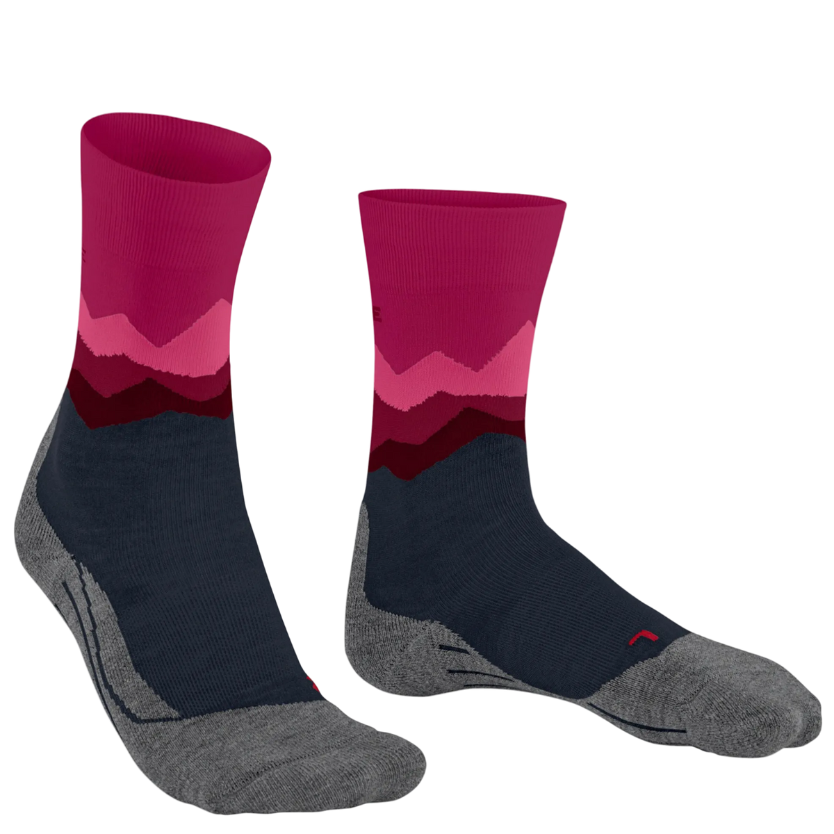 A pair of crew socks with a mountain landscape design, featuring a dark navy blue body, gray toe and heel areas, and a pink and burgundy mountain pattern on the upper leg, shown against a plain white background.