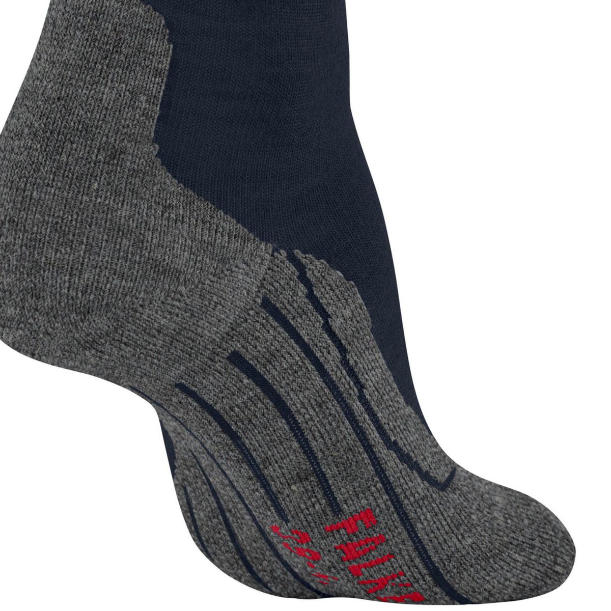 A close-up of a single sock on a white background, featuring a dark navy blue upper section, a textured heather gray foot and toe, and red striped compression-like detailing on the sole and heel.