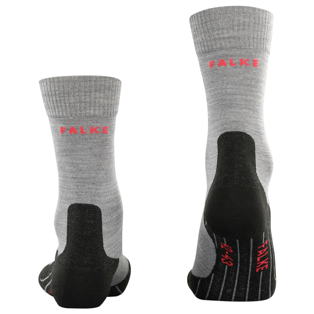 A pair of gray heathered crew socks with black reinforced heels, toes, and soles, featuring the brand name 'FALKE' printed in red on the side and sole.