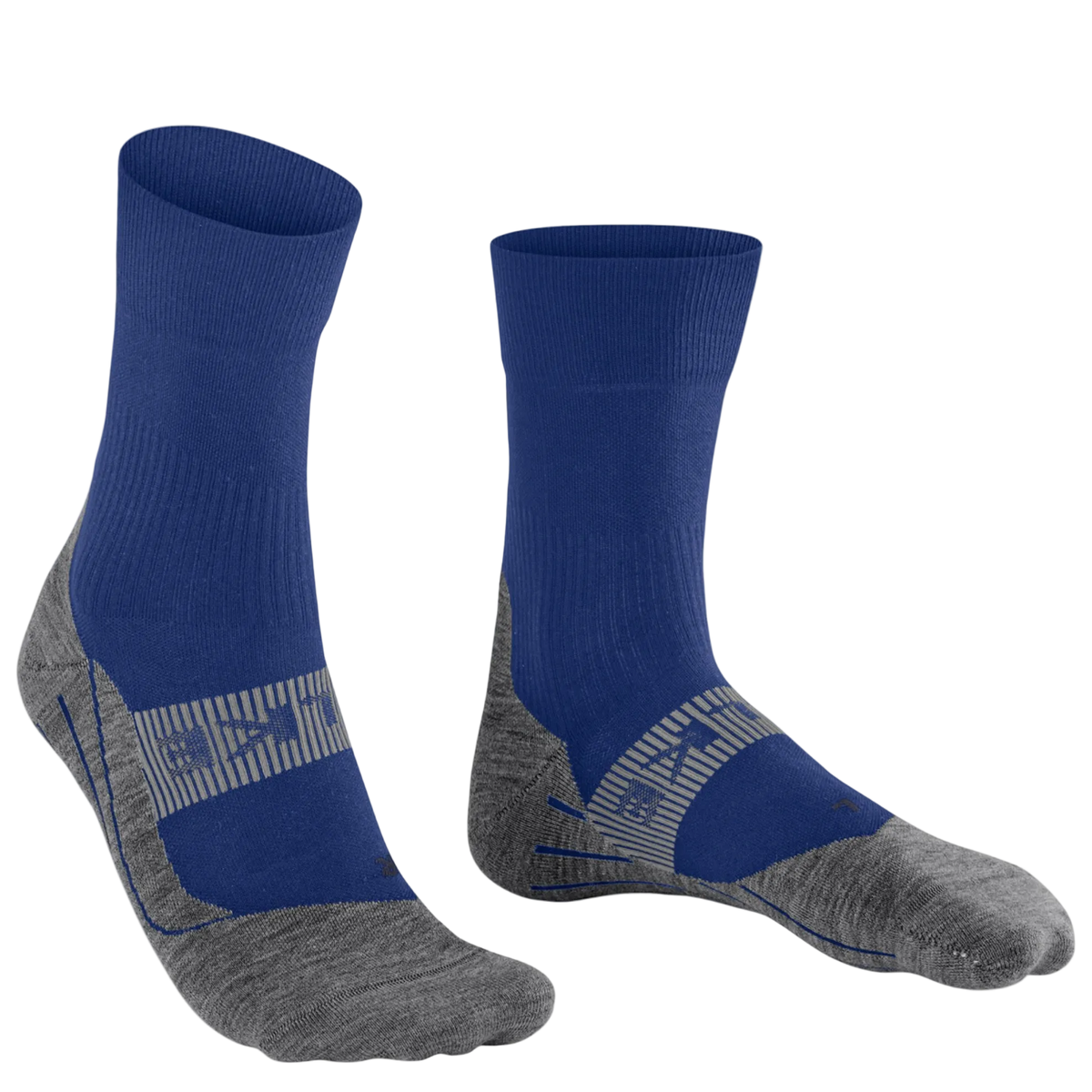 A pair of crew-length athletic socks in royal blue and heather gray, featuring a textured striped pattern on the heel and toe, shown against a plain white background.