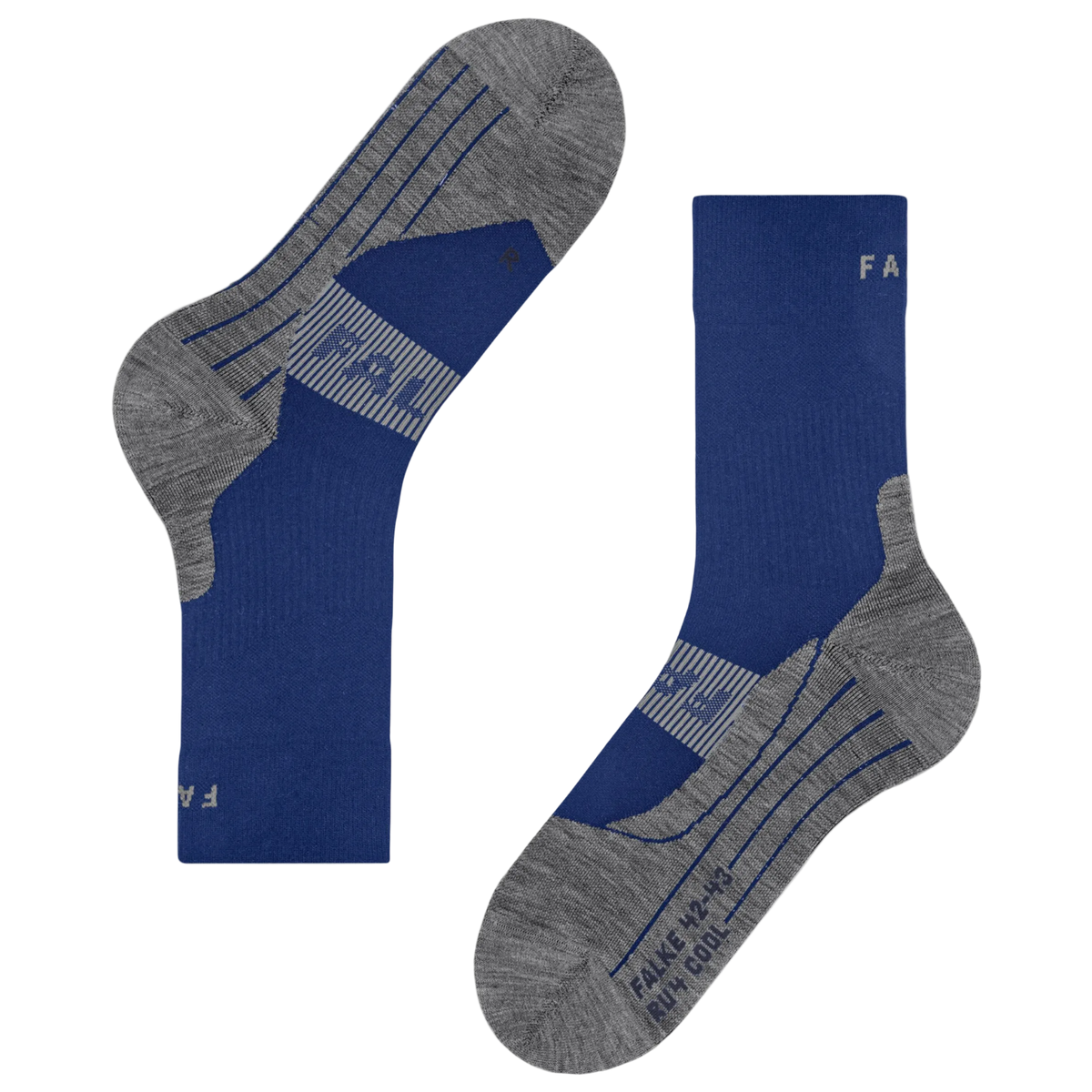 A pair of athletic crew socks in royal blue and heather gray, shown from both the side and top views against a plain white background.