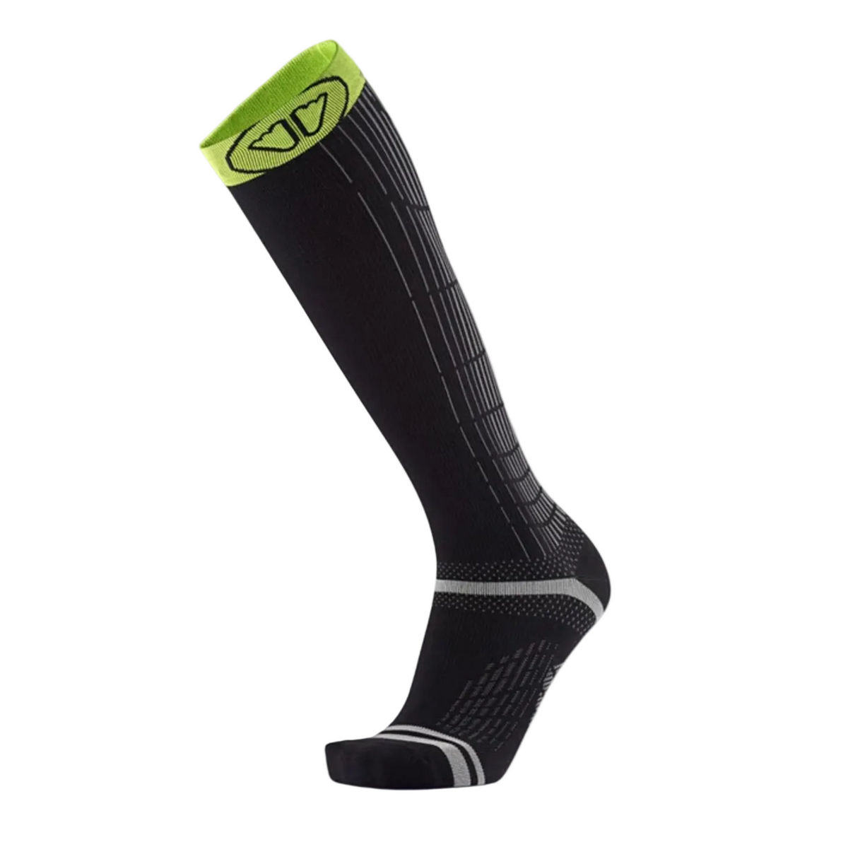 A single black compression knee-high sock with a bright lime green cuff and gray ribbed details, shown on a white background.