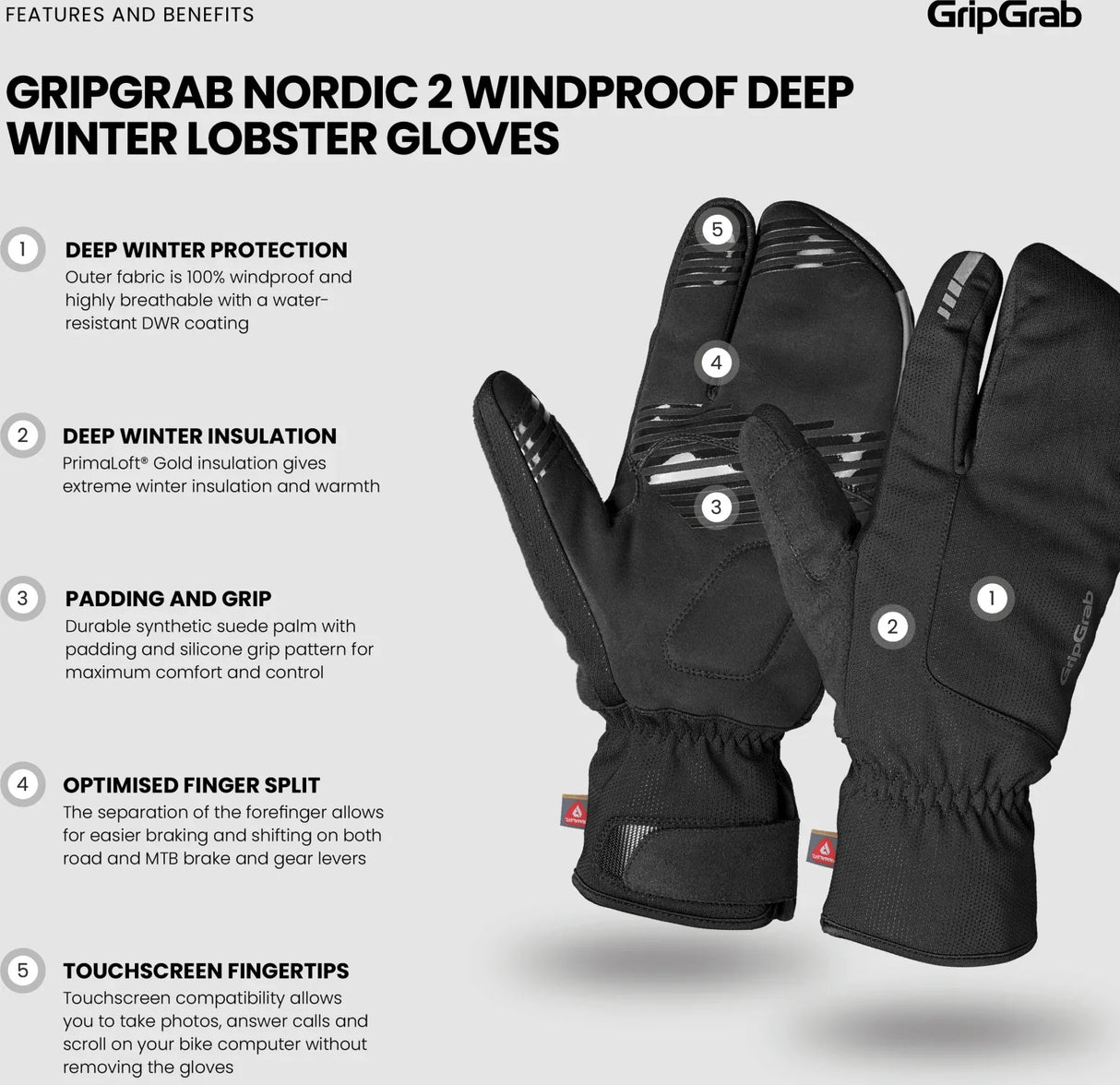 GripGrab Nordic 2 Windproof Deep Winter Lobster Gloves - Simple Bike Store