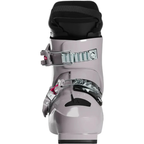 Close-up of a gray ski boot with silver buckles on a white background