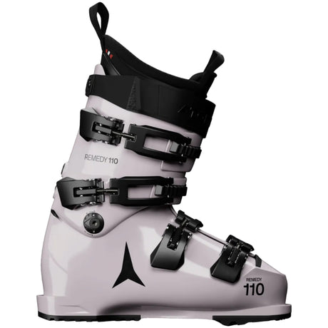 White and black ski boot with 'Remedy 110' branding on a white background