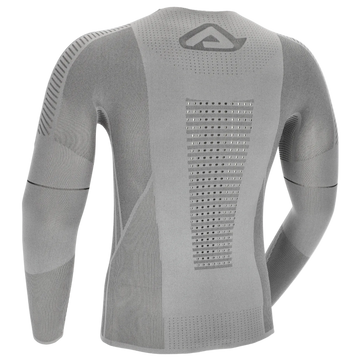 Gray long-sleeve compression shirt with a brand logo on a white background