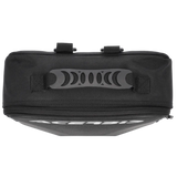 Black motorcycle saddlebag with visible brand logo on a white background