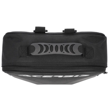 Black motorcycle saddlebag with visible brand logo on a white background