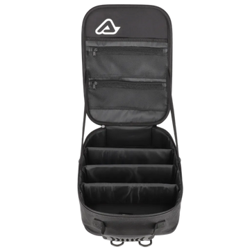 Black travel bag with open top compartment on a white background
