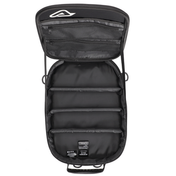 Black travel organizer with multiple compartments on a white background
