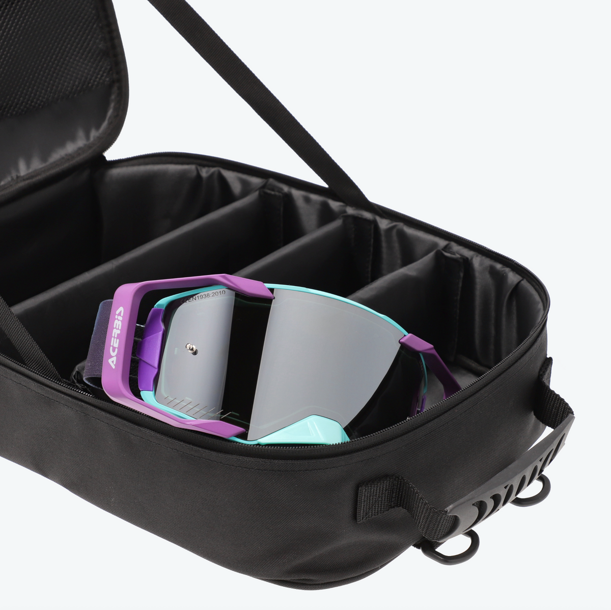 Black travel case with compartments for storing goggles, on a white background