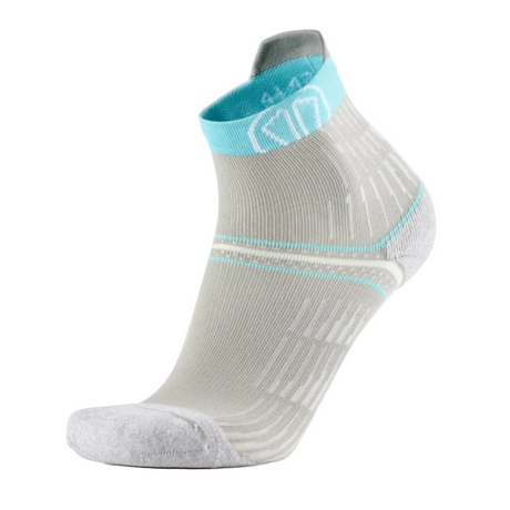 A light gray low-cut athletic sock with a light blue cuff and subtle striped details, shown on a white background.