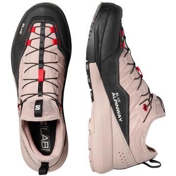 A pair of Salomon hiking shoes shown from the top and side views against a light gray background. The shoes feature a light beige upper with black overlays, black laces, and red accents.