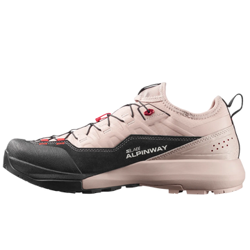 A single Alpinway hiking shoe in a light beige and black colorway with small red accents on the laces, shown in a side profile against a light gray background.