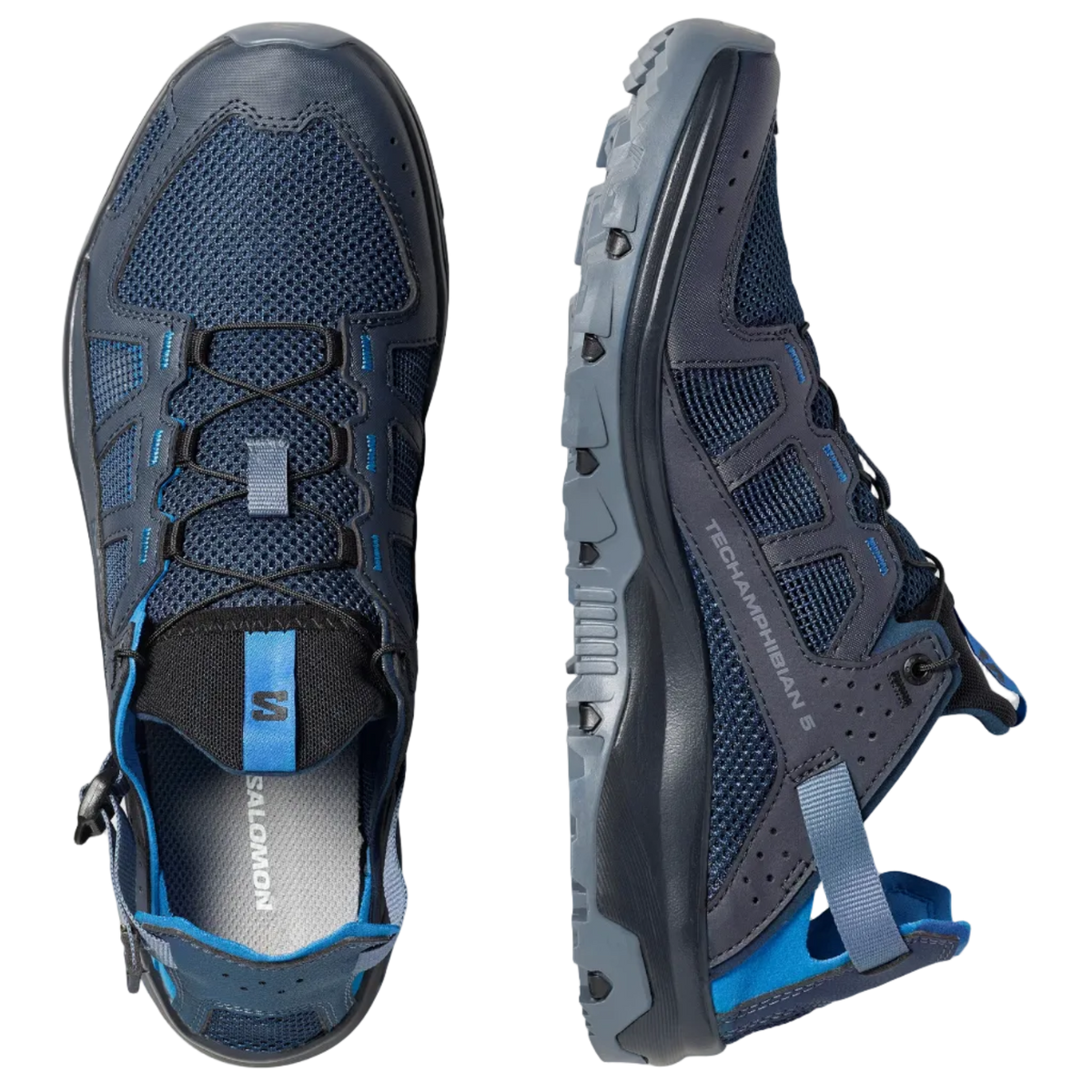 A pair of Salomon hiking shoes shown from two angles: a top-down view and a side profile view. The shoes are dark navy blue with black overlays, blue mesh details, and bright blue accents on the laces and heel pull tabs, set against a solid light gray background.