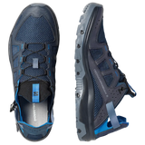 A pair of Salomon hiking shoes shown from two angles: a top-down view and a side profile view. The shoes are dark navy blue with black overlays, blue mesh details, and bright blue accents on the laces and heel pull tabs, set against a solid light gray background.