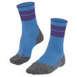 A pair of athletic crew socks in light blue with dark purple stripes near the cuff and heather gray heels, toes, and soles, shown on a plain white background.