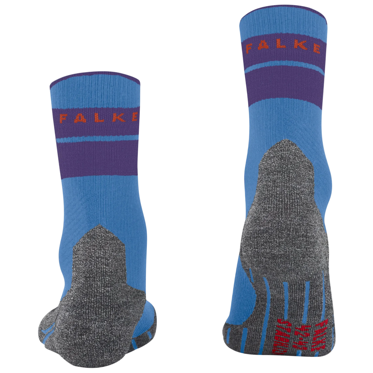 A pair of Falke crew socks shown from the front and back on a plain white background. The socks feature a light blue base with a dark purple band, a gray knit heel and toe area, and red brand lettering.