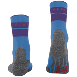 A pair of Falke crew socks shown from the front and back on a plain white background. The socks feature a light blue base with a dark purple band, a gray knit heel and toe area, and red brand lettering.