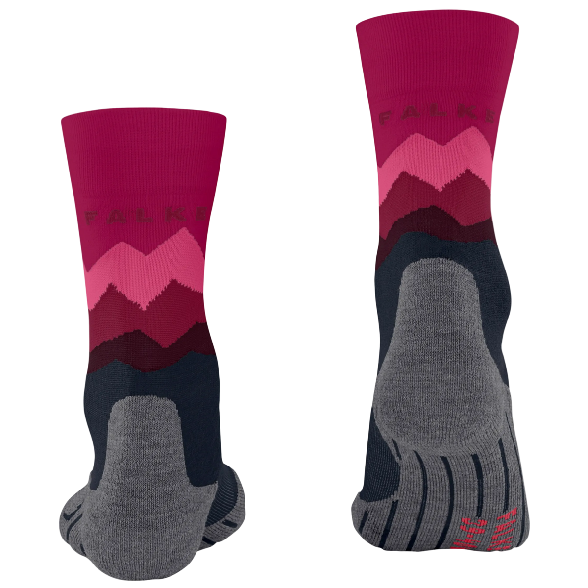 A pair of FALKS crew socks shown from both the front and back views on a plain white background. The socks feature a magenta and pink mountain pattern on the upper leg, a dark navy blue lower section, and a heather gray toe and heel area.