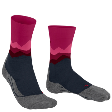 A pair of crew socks with a mountain landscape design, featuring a dark navy blue body, gray toe and heel areas, and a pink and burgundy mountain pattern on the upper leg, shown against a plain white background.