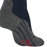 A close-up of a single sock on a white background, featuring a dark navy blue upper section, a textured heather gray foot and toe, and red striped compression-like detailing on the sole and heel.