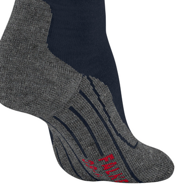 A close-up of a single sock on a white background, featuring a dark navy blue upper section, a textured heather gray foot and toe, and red striped compression-like detailing on the sole and heel.