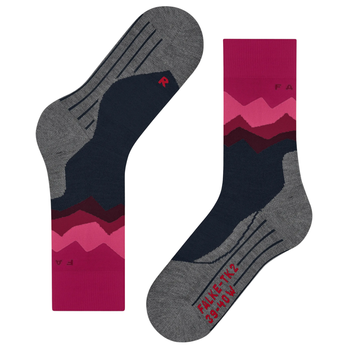 A pair of athletic crew socks shown flat against a white background, featuring a gray toe and heel, a navy blue midfoot, and a pink and burgundy mountain pattern near the cuff.