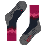 A pair of athletic crew socks shown flat against a white background, featuring a gray toe and heel, a navy blue midfoot, and a pink and burgundy mountain pattern near the cuff.