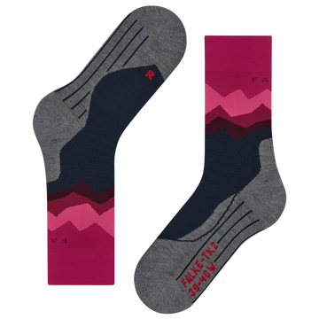 A pair of athletic crew socks shown flat against a white background, featuring a gray toe and heel, a navy blue midfoot, and a pink and burgundy mountain pattern near the cuff.