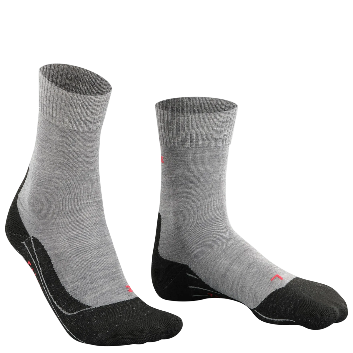 Pair of gray socks with black toes and heels on a white background