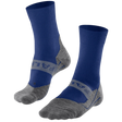 A pair of crew-length athletic socks in royal blue and heather gray, featuring a textured knit pattern around the instep, shown against a plain white background.