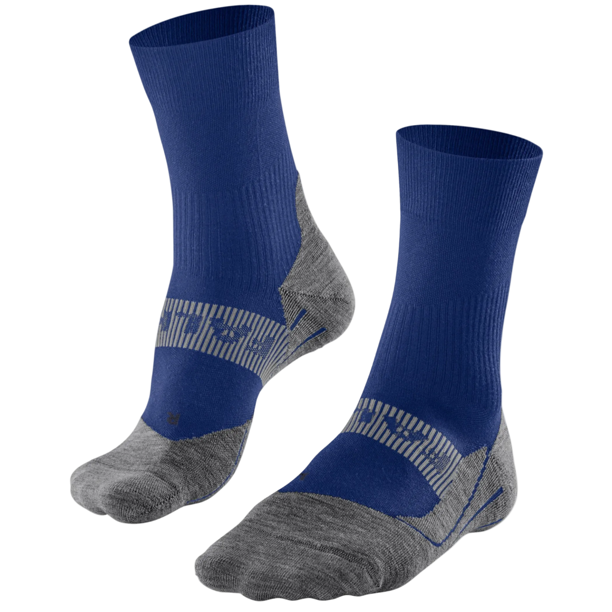 A pair of crew-length athletic socks in royal blue and heather gray, featuring a textured knit pattern around the instep, shown against a plain white background.