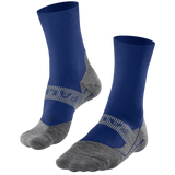 A pair of crew-length athletic socks in royal blue and heather gray, featuring a textured knit pattern around the instep, shown against a plain white background.