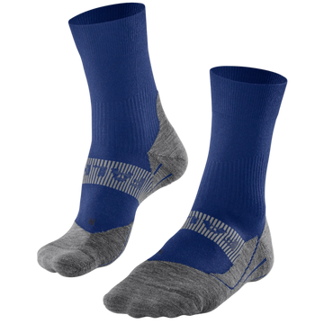 A pair of crew-length athletic socks in royal blue and heather gray, featuring a textured knit pattern around the instep, shown against a plain white background.