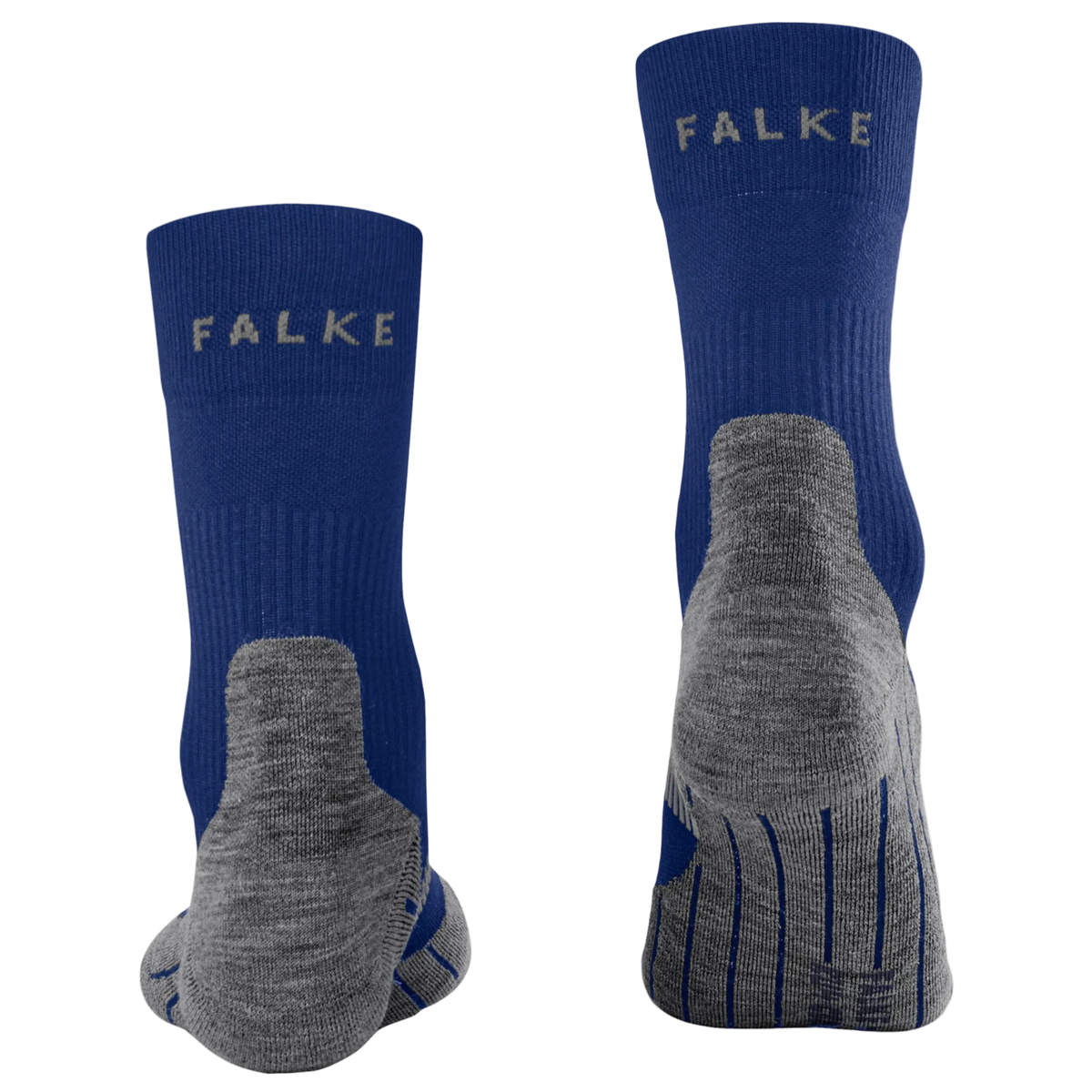 A pair of blue and gray athletic crew socks shown from the back, featuring the brand name 'FALKE' in light gray on the ribbed cuffs, with a heather gray knit heel, toe, and sole area.