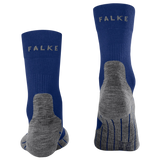 A pair of blue and gray athletic crew socks shown from the back, featuring the brand name 'FALKE' in light gray on the ribbed cuffs, with a heather gray knit heel, toe, and sole area.